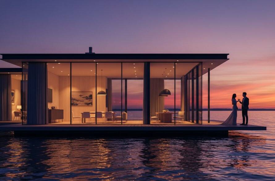 A wide, dramatic shot capturing a luxury waterfront home in Frankston at twilight, with golden hour light reflecting on the calm Port Phillip Bay and the home's illuminated interior, showcasing premium real estate photography Frankston waterfront excellence.