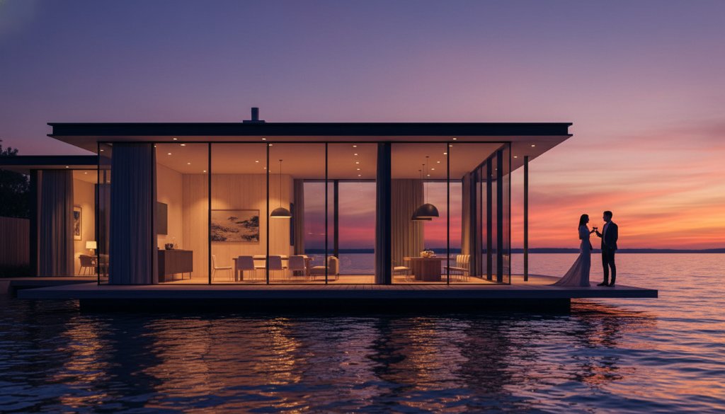 A wide, dramatic shot capturing a luxury waterfront home in Frankston at twilight, with golden hour light reflecting on the calm Port Phillip Bay and the home's illuminated interior, showcasing premium real estate photography Frankston waterfront excellence.