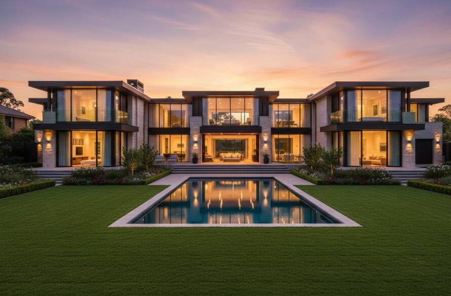 An epic wide-angle shot showcasing a beautifully styled, modern Heathmont family home at dusk, with warm interior lights glowing, manicured gardens, and a stunning purple-orange sunset reflecting in large windows, highlighting the luxurious feel of premium real estate photography Heathmont Victoria.