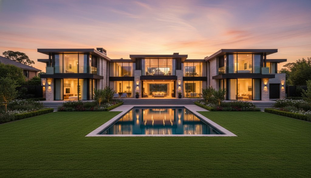 An epic wide-angle shot showcasing a beautifully styled, modern Heathmont family home at dusk, with warm interior lights glowing, manicured gardens, and a stunning purple-orange sunset reflecting in large windows, highlighting the luxurious feel of premium real estate photography Heathmont Victoria.