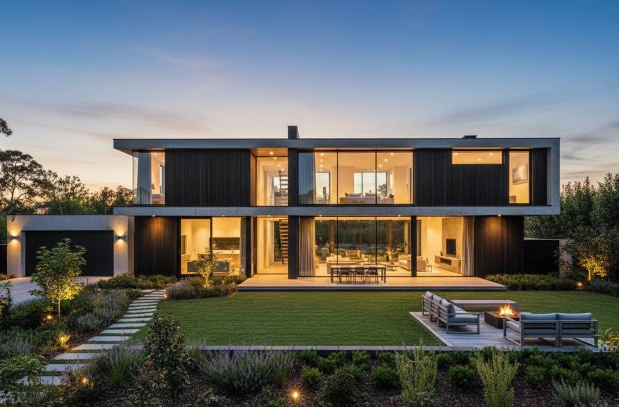 An expansive, twilight shot showcasing a modern, luxurious home in Keilor Park, Victoria, with warm interior lights glowing against a dramatic, deep blue sky, perfectly demonstrating premium real estate photography Keilor Park with expert composition.