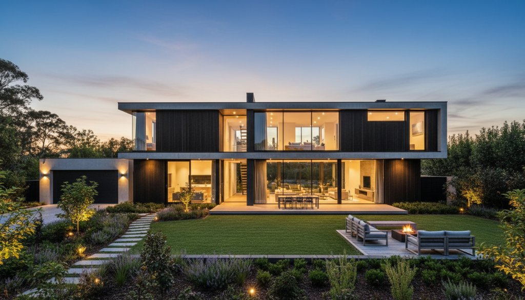 An expansive, twilight shot showcasing a modern, luxurious home in Keilor Park, Victoria, with warm interior lights glowing against a dramatic, deep blue sky, perfectly demonstrating premium real estate photography Keilor Park with expert composition.