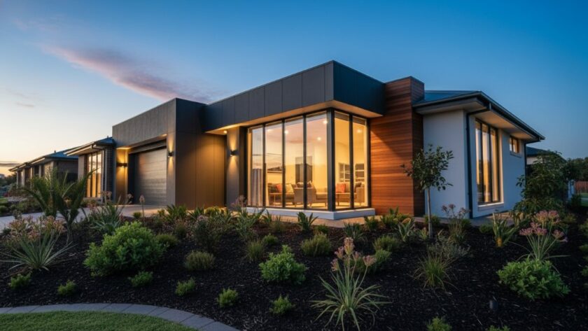 An epic wide-angle shot showcasing a modern family home in Lucas, Victoria, bathed in dramatic golden hour light, highlighting its architectural features and lush garden for premium real estate photography.