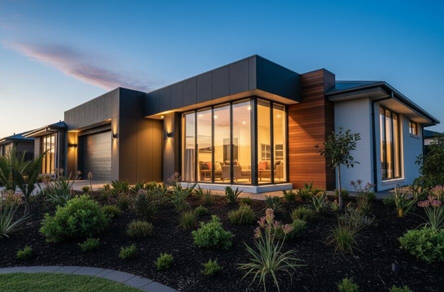 An epic wide-angle shot showcasing a modern family home in Lucas, Victoria, bathed in dramatic golden hour light, highlighting its architectural features and lush garden for premium real estate photography.