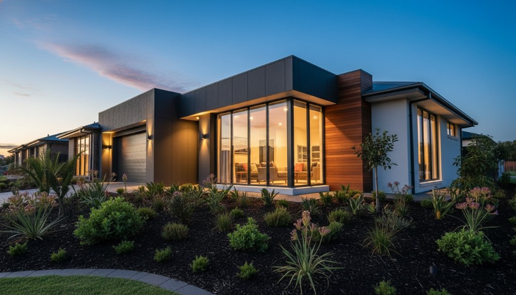 An epic wide-angle shot showcasing a modern family home in Lucas, Victoria, bathed in dramatic golden hour light, highlighting its architectural features and lush garden for premium real estate photography.