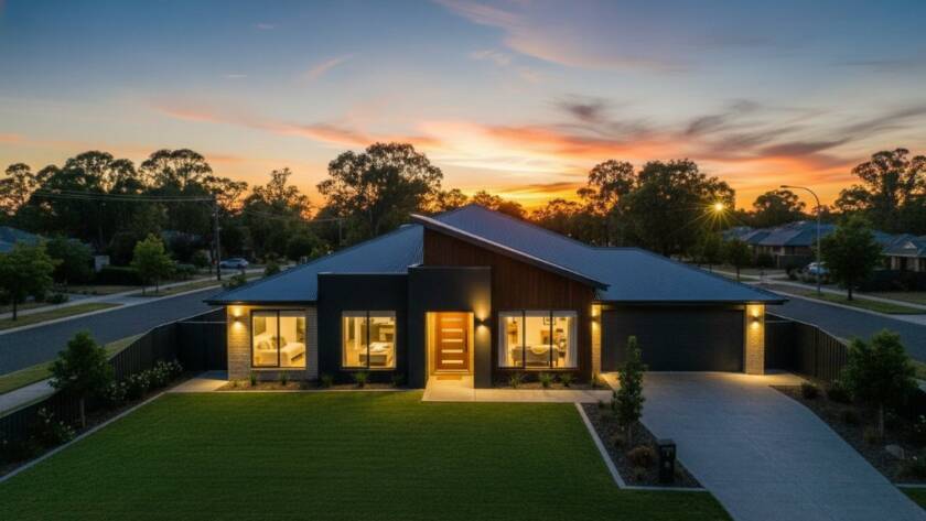 An aerial twilight view showcasing a modern family home in Melton South, bathed in the soft glow of interior lights, perfectly illustrating premium real estate photography Melton South boosting property appeal with stunning visual impact.