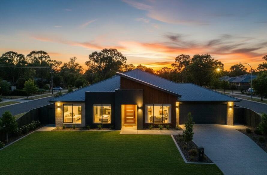 An aerial twilight view showcasing a modern family home in Melton South, bathed in the soft glow of interior lights, perfectly illustrating premium real estate photography Melton South boosting property appeal with stunning visual impact.