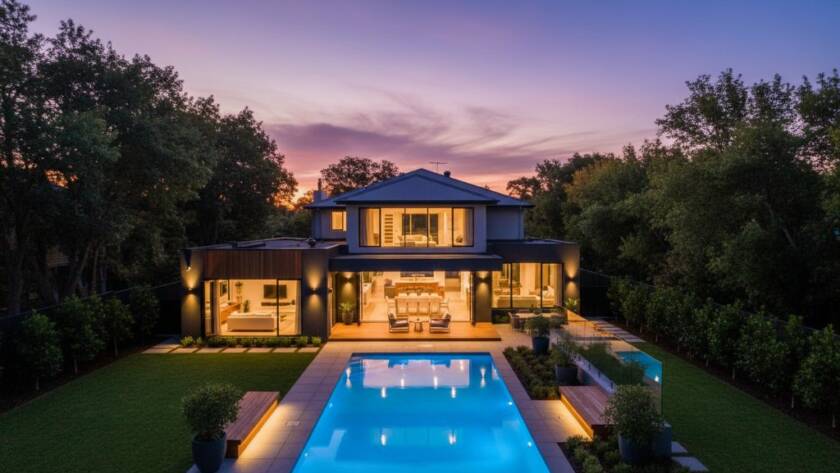 A dramatic, high-angle, cinematic photograph showcasing a stunning modern home in Ormond, Victoria, at twilight, with warm interior lights glowing, surrounded by lush, perfectly manicured gardens. The focus is on premium real estate photography Ormond Victoria, capturing an epic moment of architectural beauty with professional lighting and colour grading.