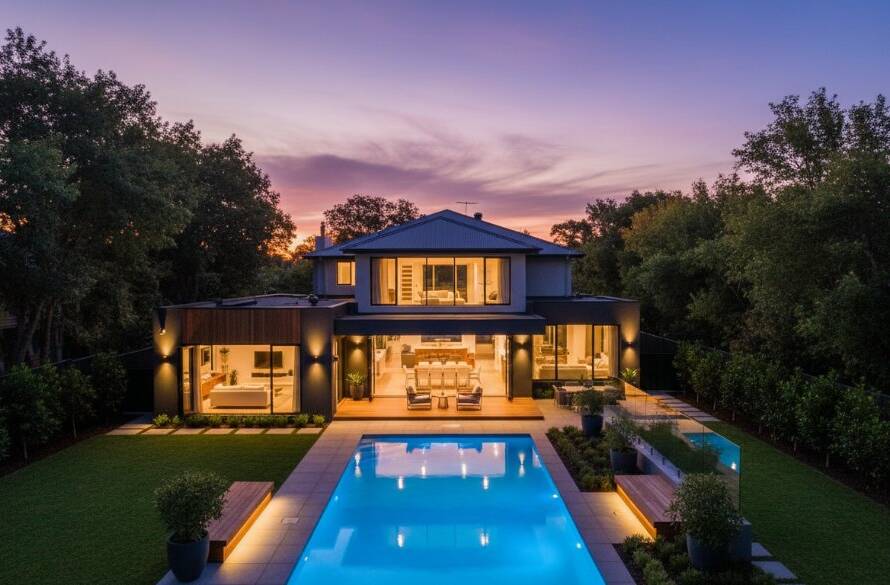 A dramatic, high-angle, cinematic photograph showcasing a stunning modern home in Ormond, Victoria, at twilight, with warm interior lights glowing, surrounded by lush, perfectly manicured gardens. The focus is on premium real estate photography Ormond Victoria, capturing an epic moment of architectural beauty with professional lighting and colour grading.