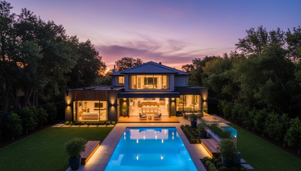A dramatic, high-angle, cinematic photograph showcasing a stunning modern home in Ormond, Victoria, at twilight, with warm interior lights glowing, surrounded by lush, perfectly manicured gardens. The focus is on premium real estate photography Ormond Victoria, capturing an epic moment of architectural beauty with professional lighting and colour grading.