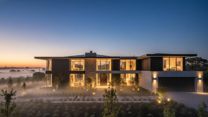 An aerial, cinematic shot capturing a modern family home in Ringwood, Victoria, bathed in golden hour light, highlighting its architectural features and lush garden, perfect for premium real estate photography Ringwood Victoria.