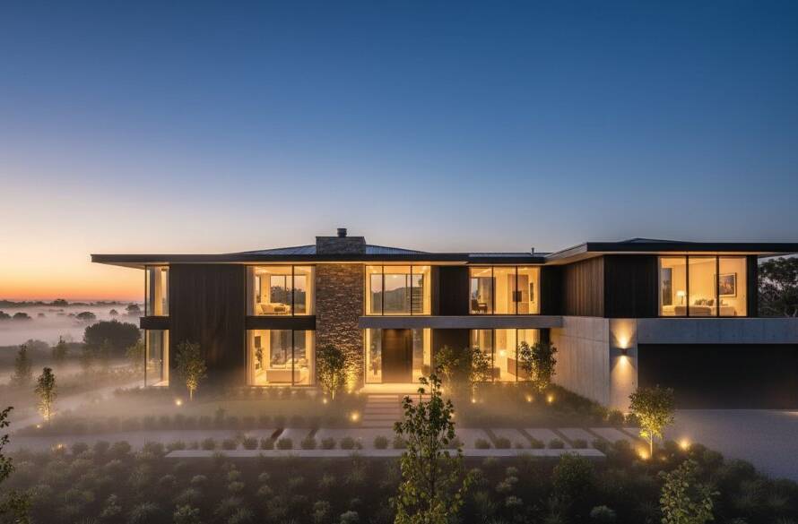 An aerial, cinematic shot capturing a modern family home in Ringwood, Victoria, bathed in golden hour light, highlighting its architectural features and lush garden, perfect for premium real estate photography Ringwood Victoria.
