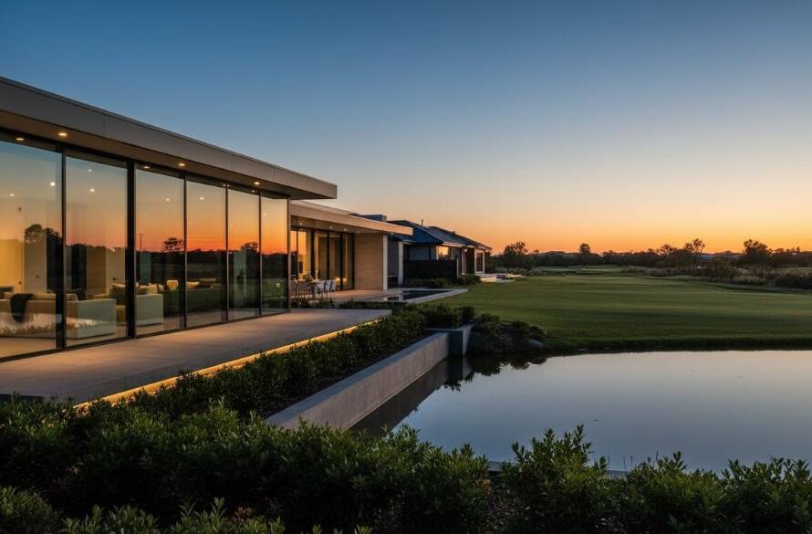 An epic wide-angle shot of a luxurious modern home in Sandhurst, Victoria, bathed in golden hour light, reflecting on a tranquil golf course lake, showcasing premium real estate photography Sandhurst Victoria.