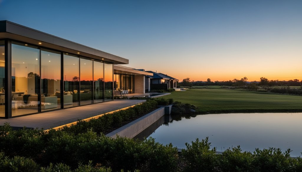 An epic wide-angle shot of a luxurious modern home in Sandhurst, Victoria, bathed in golden hour light, reflecting on a tranquil golf course lake, showcasing premium real estate photography Sandhurst Victoria.