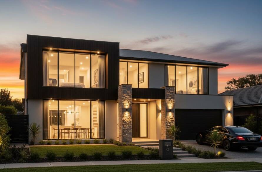 A stunning, wide-angle, dusk shot showcasing a modern family home in Tottenham, Victoria, bathed in warm, golden hour light with interior lights glowing invitingly, emphasizing the premium real estate photography Tottenham Victoria service provided.