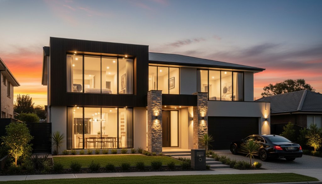A stunning, wide-angle, dusk shot showcasing a modern family home in Tottenham, Victoria, bathed in warm, golden hour light with interior lights glowing invitingly, emphasizing the premium real estate photography Tottenham Victoria service provided.