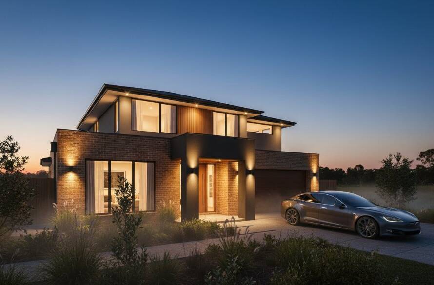 Dramatic aerial shot showcasing a modern family home in Williams Landing at twilight, with the city lights subtly twinkling in the distance, embodying premium real estate photography Williams Landing.