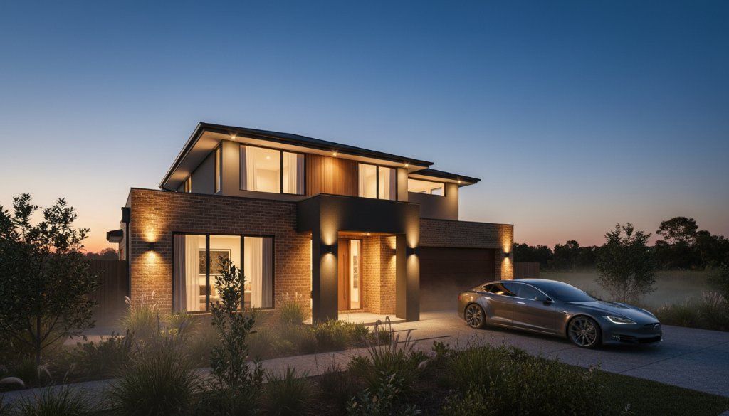 Dramatic aerial shot showcasing a modern family home in Williams Landing at twilight, with the city lights subtly twinkling in the distance, embodying premium real estate photography Williams Landing.
