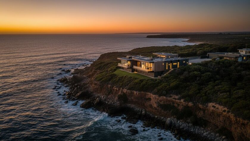 An aerial view capturing a stunning modern coastal home in Wonthaggi at sunset, showcasing its beautifully lit interior and expansive ocean views, exemplifying premium real estate photography Wonthaggi properties.