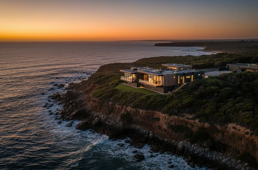 An aerial view capturing a stunning modern coastal home in Wonthaggi at sunset, showcasing its beautifully lit interior and expansive ocean views, exemplifying premium real estate photography Wonthaggi properties.