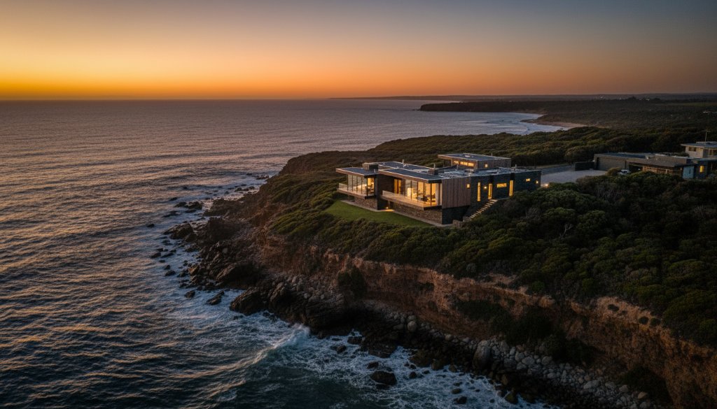 An aerial view capturing a stunning modern coastal home in Wonthaggi at sunset, showcasing its beautifully lit interior and expansive ocean views, exemplifying premium real estate photography Wonthaggi properties.