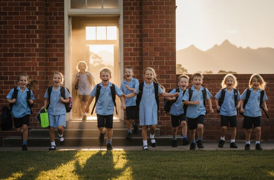 An inspiring wide-angle shot of a group of excited primary school students, mid-laughter, running across the Stawell school oval during a sports day, with the iconic Grampians backdrop hazy in the distance, expertly captured by a premium school photography Stawell Victoria specialist.