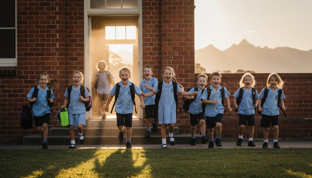An inspiring wide-angle shot of a group of excited primary school students, mid-laughter, running across the Stawell school oval during a sports day, with the iconic Grampians backdrop hazy in the distance, expertly captured by a premium school photography Stawell Victoria specialist.