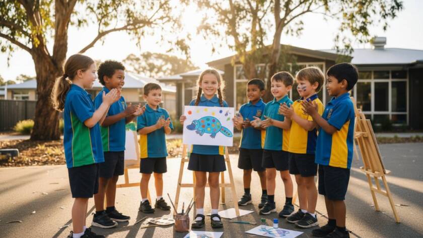 An epic moment of joyful students in Truganina, engaged in a creative outdoor activity, captured with premium school photography Truganina techniques, showcasing dynamic lighting and a vibrant school spirit.