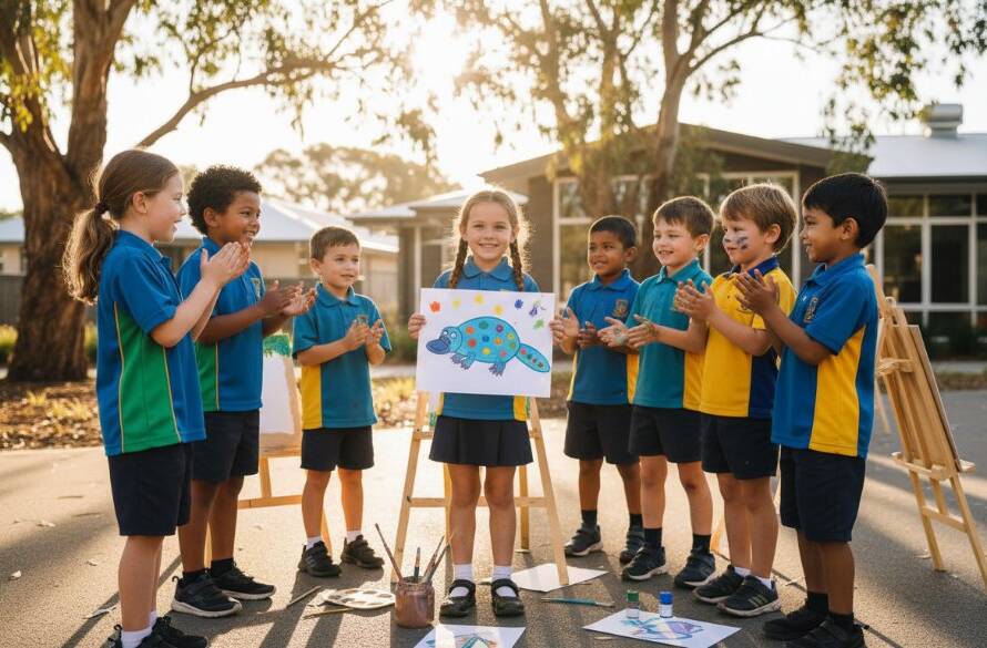 An epic moment of joyful students in Truganina, engaged in a creative outdoor activity, captured with premium school photography Truganina techniques, showcasing dynamic lighting and a vibrant school spirit.