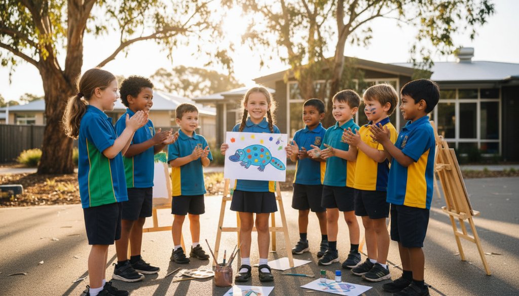 An epic moment of joyful students in Truganina, engaged in a creative outdoor activity, captured with premium school photography Truganina techniques, showcasing dynamic lighting and a vibrant school spirit.