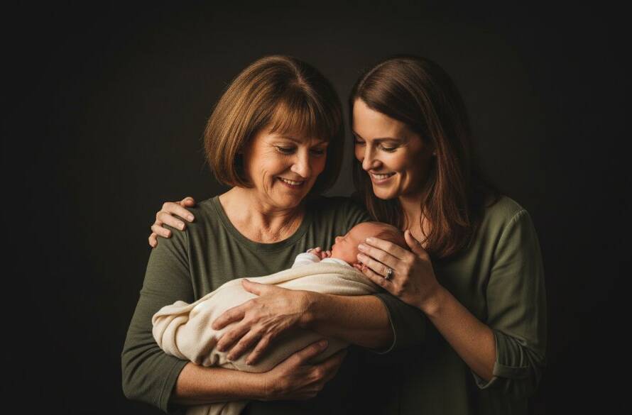 An emotionally resonant and cinematic photograph capturing an 'epic moment' of a young family in a premium studio photography Berwick Victoria session, with dramatic backlighting highlighting their joyful embrace, professionally color-graded with warm tones.