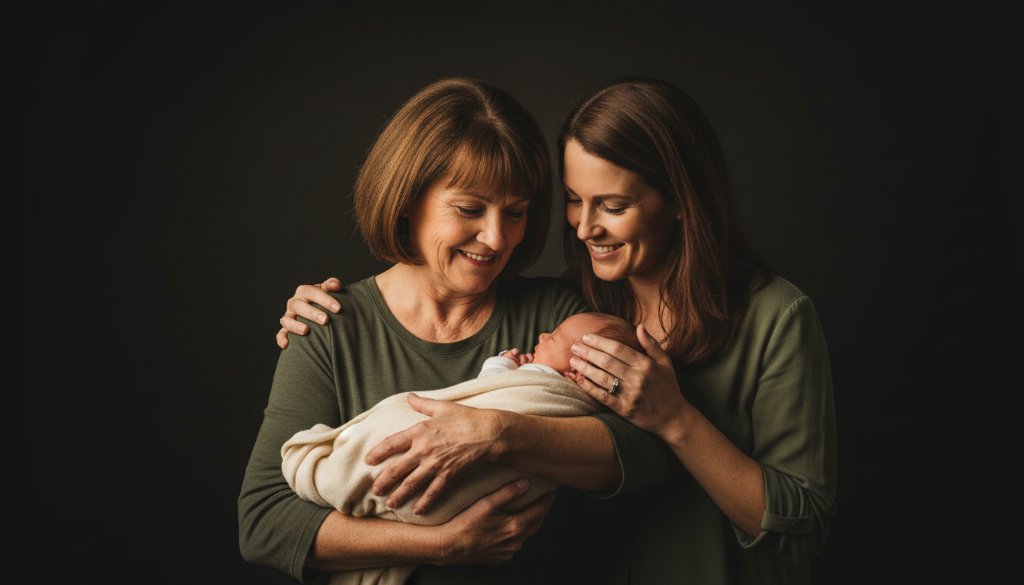 An emotionally resonant and cinematic photograph capturing an 'epic moment' of a young family in a premium studio photography Berwick Victoria session, with dramatic backlighting highlighting their joyful embrace, professionally color-graded with warm tones.