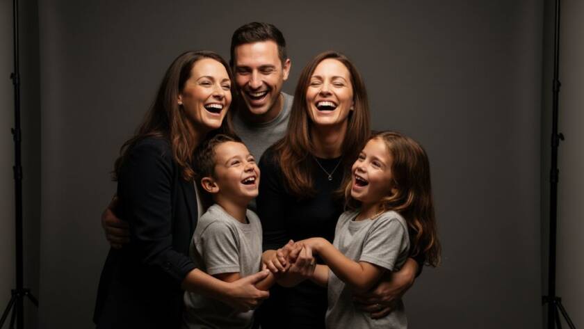 Epic moment captured during a premium studio photography experience Carnegie, showing a radiant family laughing genuinely against a moody, professionally lit backdrop, showcasing joy and connection.