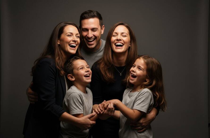Epic moment captured during a premium studio photography experience Carnegie, showing a radiant family laughing genuinely against a moody, professionally lit backdrop, showcasing joy and connection.