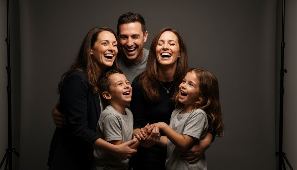 Epic moment captured during a premium studio photography experience Carnegie, showing a radiant family laughing genuinely against a moody, professionally lit backdrop, showcasing joy and connection.