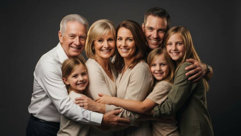 An emotionally resonant, professional studio portrait capturing a multi-generational family's joyful embrace, showcasing the Premium Studio Photography Experience Upper Ferntree Gully with dramatic, soft lighting and a timeless, artistic feel.