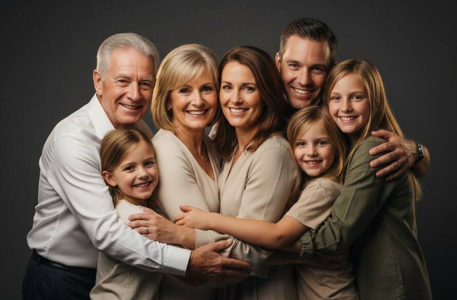 An emotionally resonant, professional studio portrait capturing a multi-generational family's joyful embrace, showcasing the Premium Studio Photography Experience Upper Ferntree Gully with dramatic, soft lighting and a timeless, artistic feel.