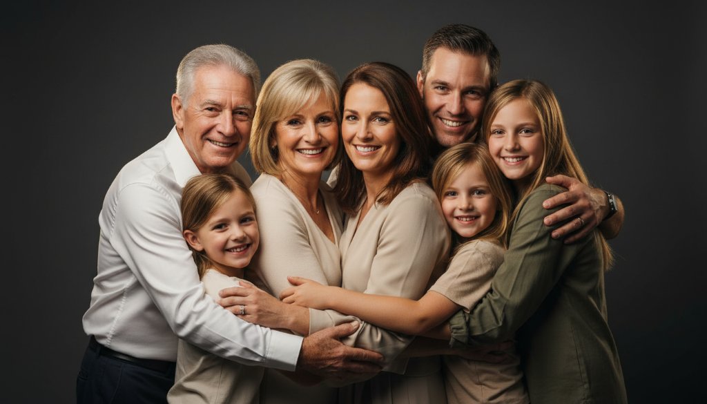 An emotionally resonant, professional studio portrait capturing a multi-generational family's joyful embrace, showcasing the Premium Studio Photography Experience Upper Ferntree Gully with dramatic, soft lighting and a timeless, artistic feel.
