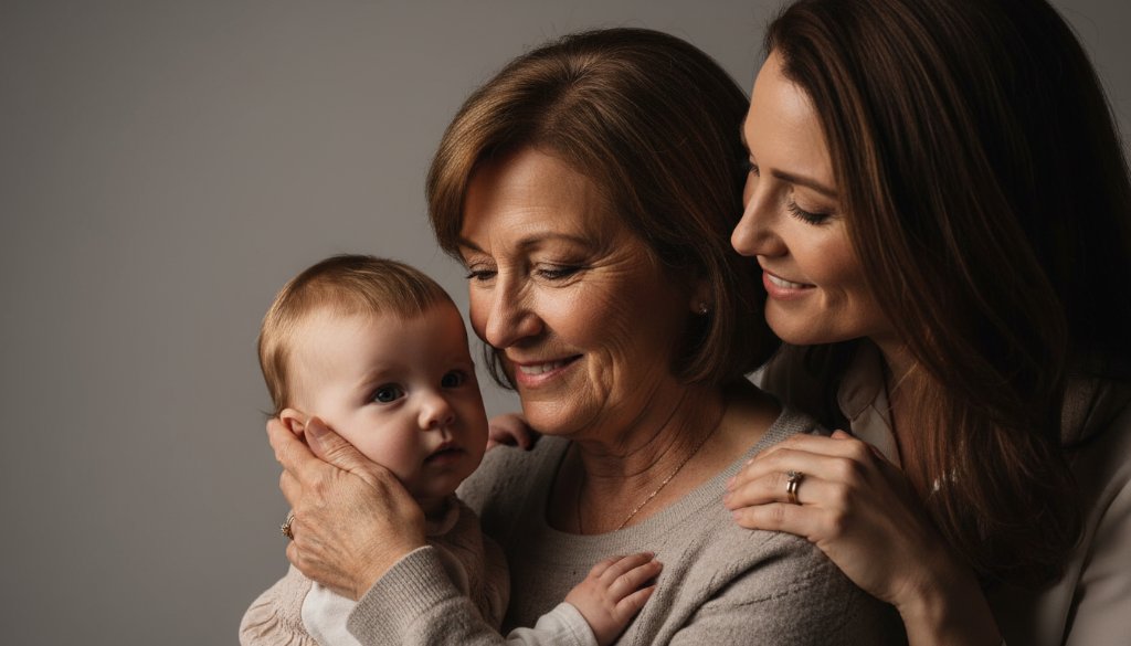 An emotionally charged "Premium Studio Portraits Bangholme Victoria for Lasting Memories" photograph, featuring a family in a minimalist studio setting, bathed in warm, dramatic side lighting, sharing a genuine, laughing embrace, capturing their deep connection in a timeless, professional style.