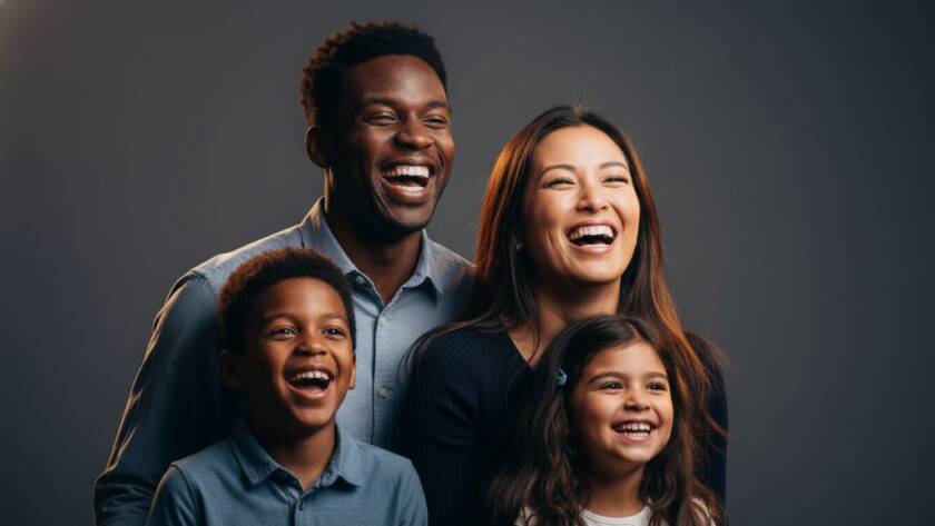 Dynamic, cinematic photograph of a family laughing joyfully in a modern studio, showcasing authentic connection during a premium studio portraits Chelsea Victoria session. Dramatic rim lighting highlights their expressions, with a soft, out-of-focus background. Professional color grading.