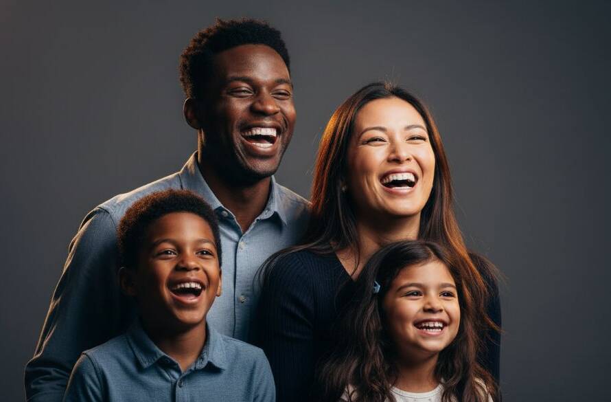 Dynamic, cinematic photograph of a family laughing joyfully in a modern studio, showcasing authentic connection during a premium studio portraits Chelsea Victoria session. Dramatic rim lighting highlights their expressions, with a soft, out-of-focus background. Professional color grading.