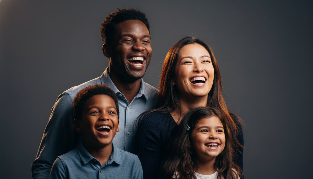 Dynamic, cinematic photograph of a family laughing joyfully in a modern studio, showcasing authentic connection during a premium studio portraits Chelsea Victoria session. Dramatic rim lighting highlights their expressions, with a soft, out-of-focus background. Professional color grading.