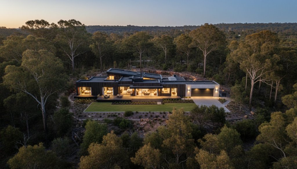A drone's eye view capturing premium Warrandyte South real estate photography services at sunset, showcasing a modern luxury home nestled amongst lush gum trees, with golden light illuminating the property and surrounding natural landscape.