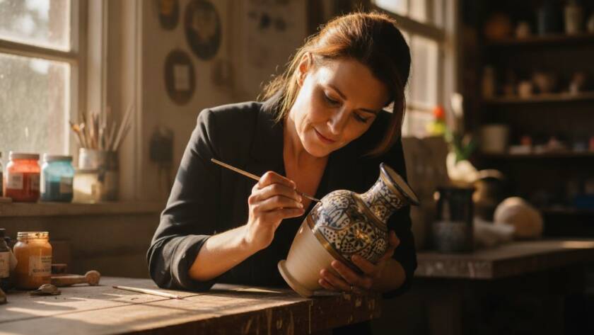 An epic moment of a local Albanvale artisan meticulously crafting a custom product in their sun-drenched workshop, captured with professional advertising photography for Albanvale businesses, showcasing intricate details and genuine passion through dramatic cinematic lighting.