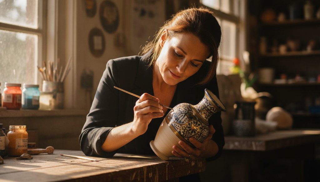 An epic moment of a local Albanvale artisan meticulously crafting a custom product in their sun-drenched workshop, captured with professional advertising photography for Albanvale businesses, showcasing intricate details and genuine passion through dramatic cinematic lighting.