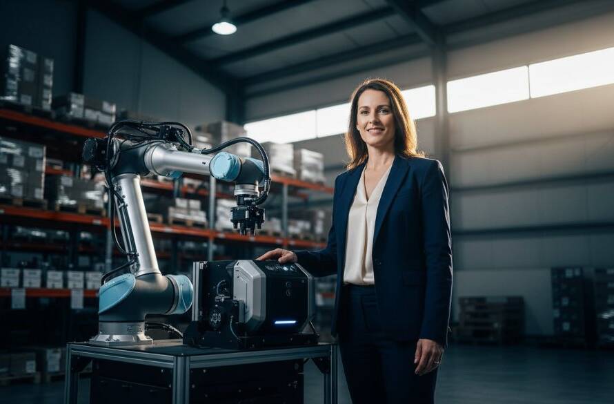 Dynamic wide-angle shot captured by Professional Advertising Photography Derrimut Victoria Businesses, featuring a local Derrimut business owner proudly showcasing a new, innovative product bathed in dramatic, cinematic lighting within their modern warehouse, symbolising growth and success in the Derrimut industrial landscape.