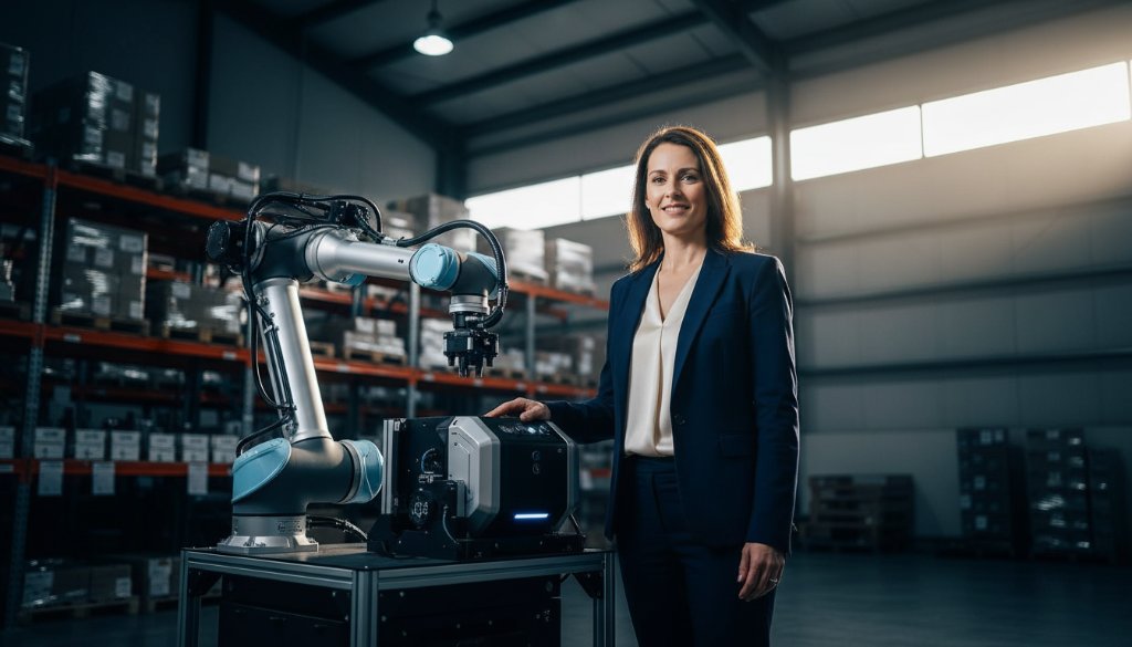 Dynamic wide-angle shot captured by Professional Advertising Photography Derrimut Victoria Businesses, featuring a local Derrimut business owner proudly showcasing a new, innovative product bathed in dramatic, cinematic lighting within their modern warehouse, symbolising growth and success in the Derrimut industrial landscape.
