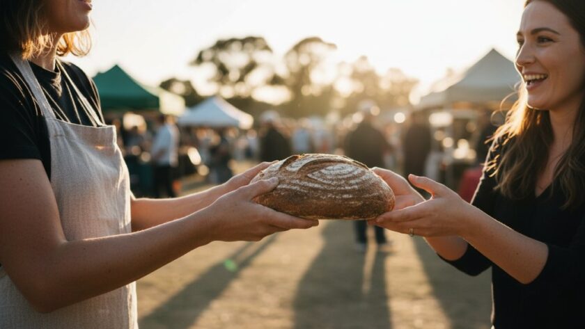 A stunning, wide-angle shot of a vibrant local business in Mildura, showcasing its unique product or service with professional advertising photography Mildura businesses deserve, bathed in golden hour light, capturing an authentic, high-energy customer interaction.
