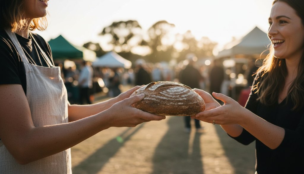 A stunning, wide-angle shot of a vibrant local business in Mildura, showcasing its unique product or service with professional advertising photography Mildura businesses deserve, bathed in golden hour light, capturing an authentic, high-energy customer interaction.