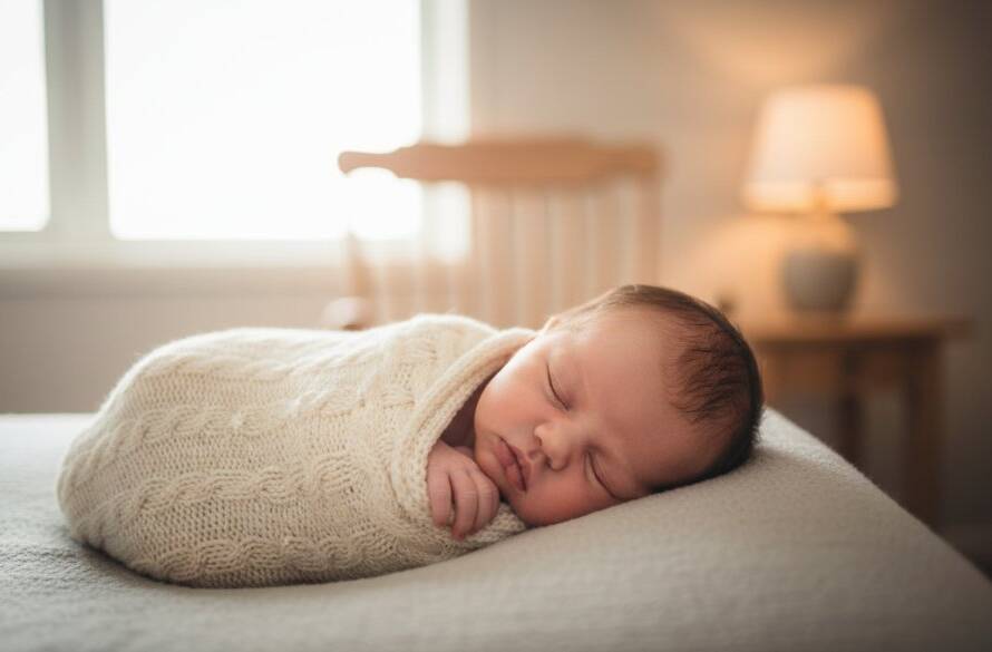 Professional Ashburton newborn photography sessions capturing a serene baby sleeping peacefully in a soft, handcrafted blanket, bathed in gentle morning light, with a warm, intimate atmosphere.